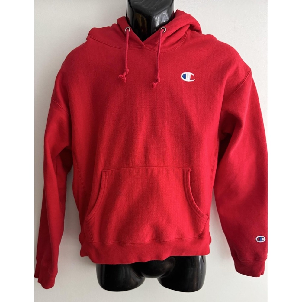Champion Hoodie Mens L Red Reverse Weave Fleece Embroidered Logo Sweatshirt